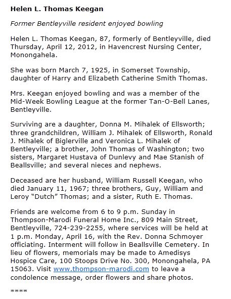 Helen L. Thomas Keegan obituary